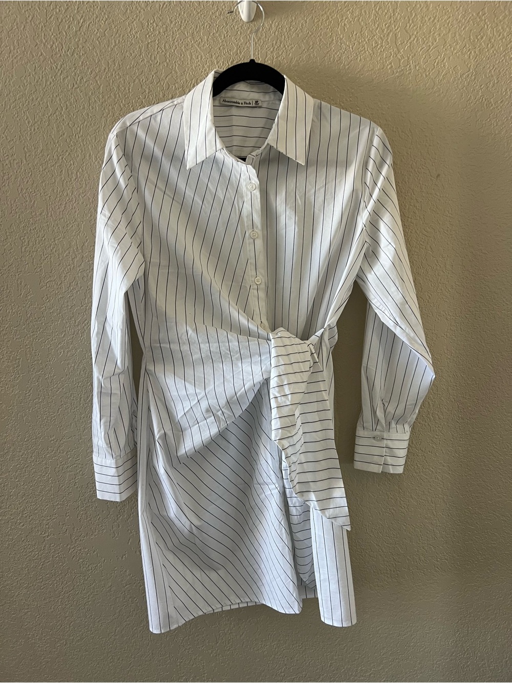 Abercrombie & Fitch White Dress with Navy Pinstripes and Side Tie